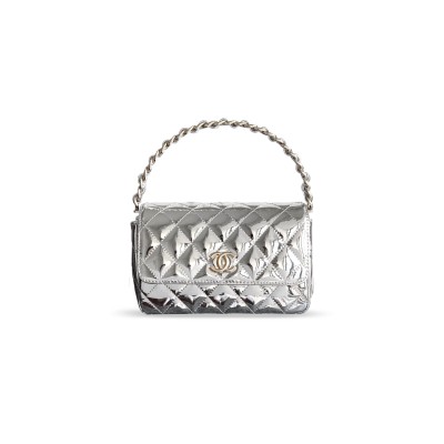 CHANEL HANDLE FLAP BAG PATENT CALFSKIN & GOLD METAL SILVER 496587 (18.5*10.5*8cm)